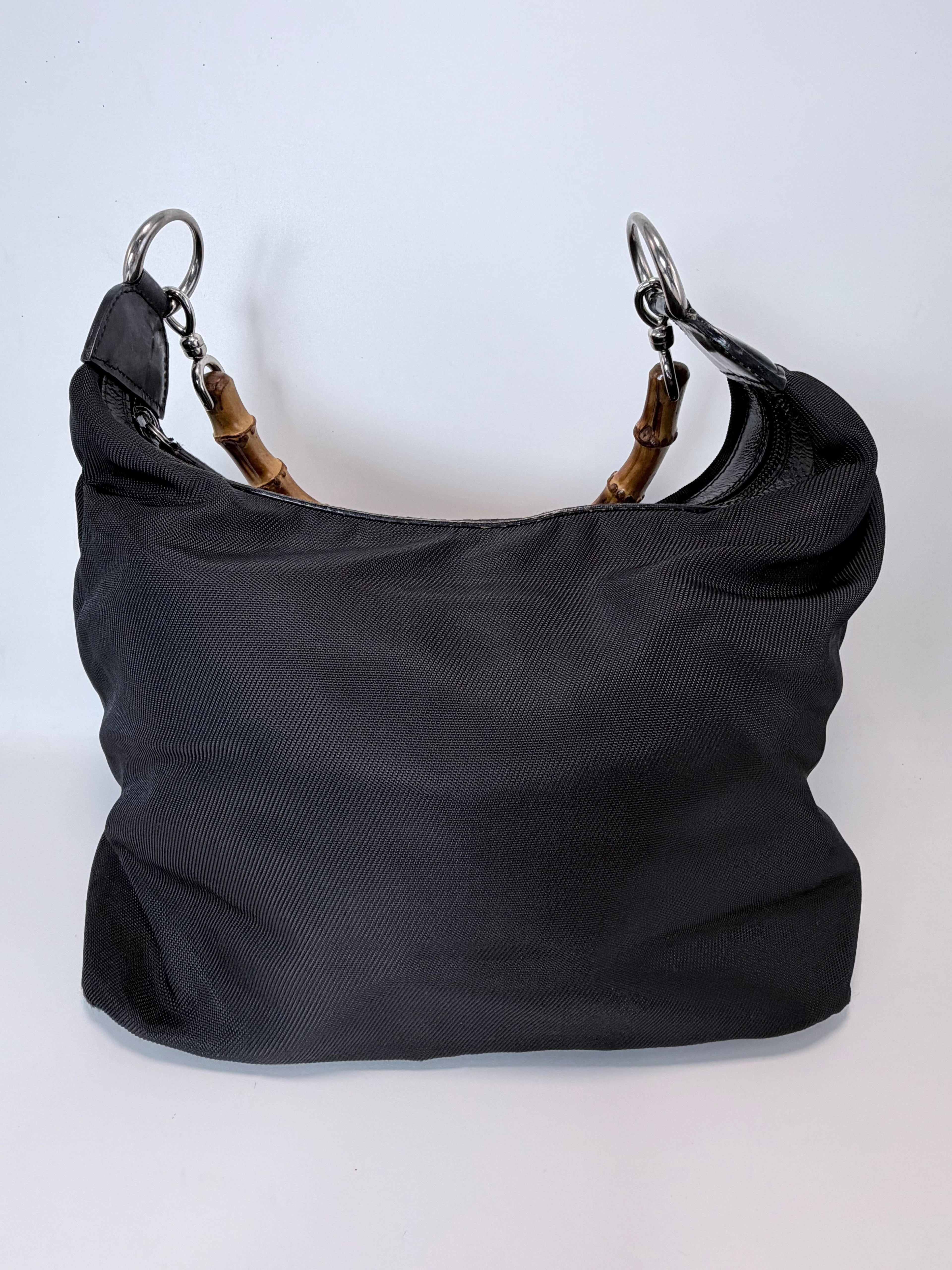 Gucci Vintage Black Nylon Bamboo Handle Hobo Bag
