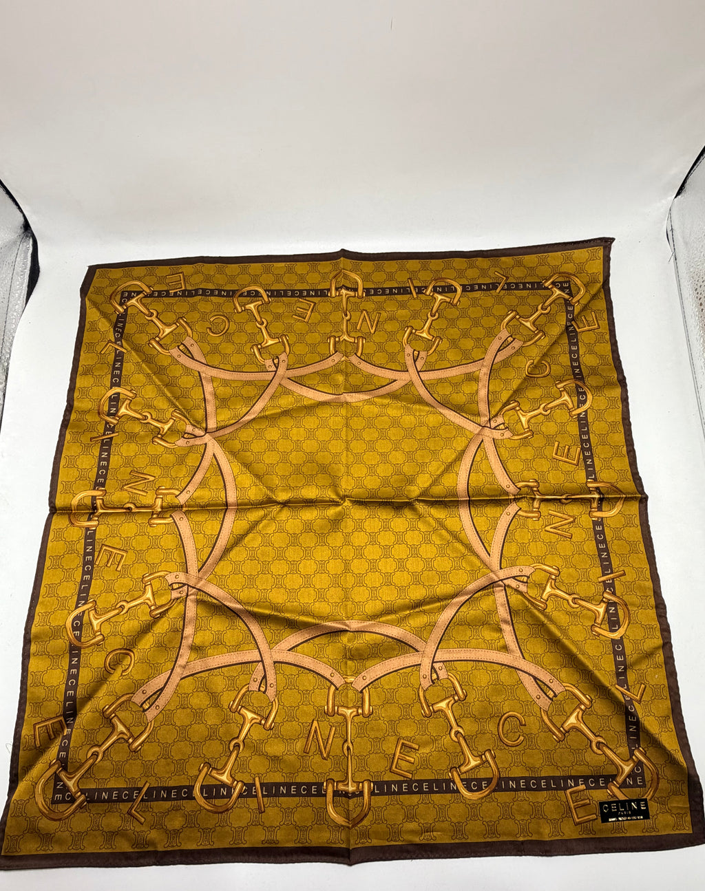 CELINE Vintage Equestrian Logo Scarf – Mustard Gold & Brown