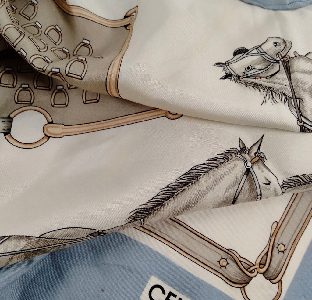 Celine Paris Equestrian Horse & Carriage Silk Scarf – Blue & Ivory