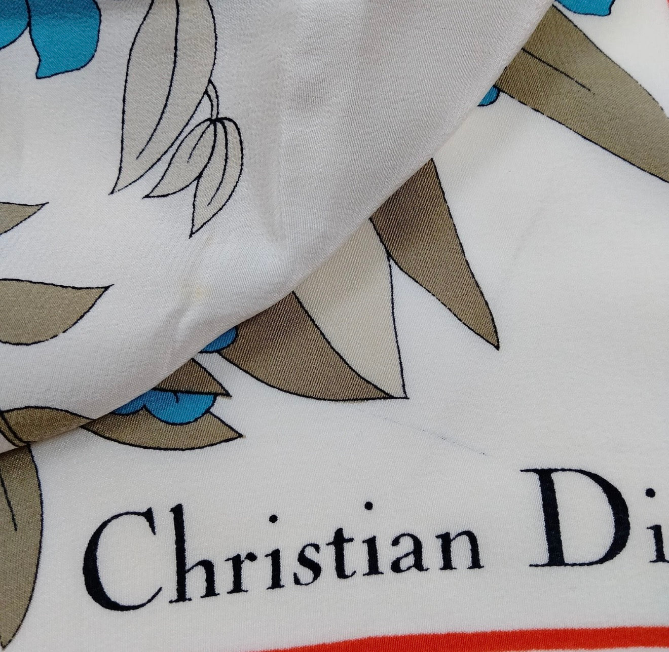 Christian Dior Tropical Botanical Silk Scarf | Coral, Blue & Ivory