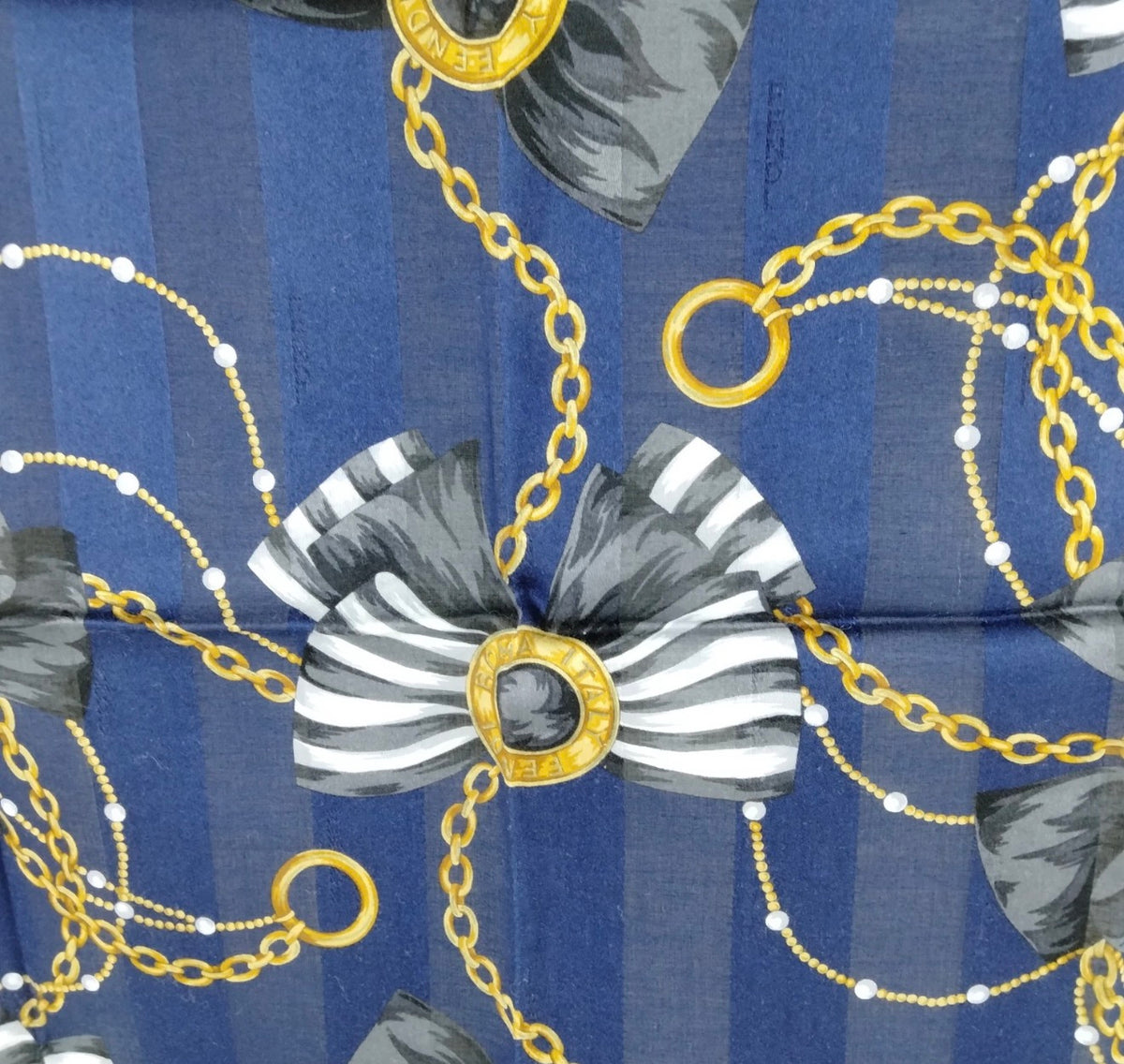 Fendi Roma Vintage Bow & Chain Scarf – Navy, Black & Gold