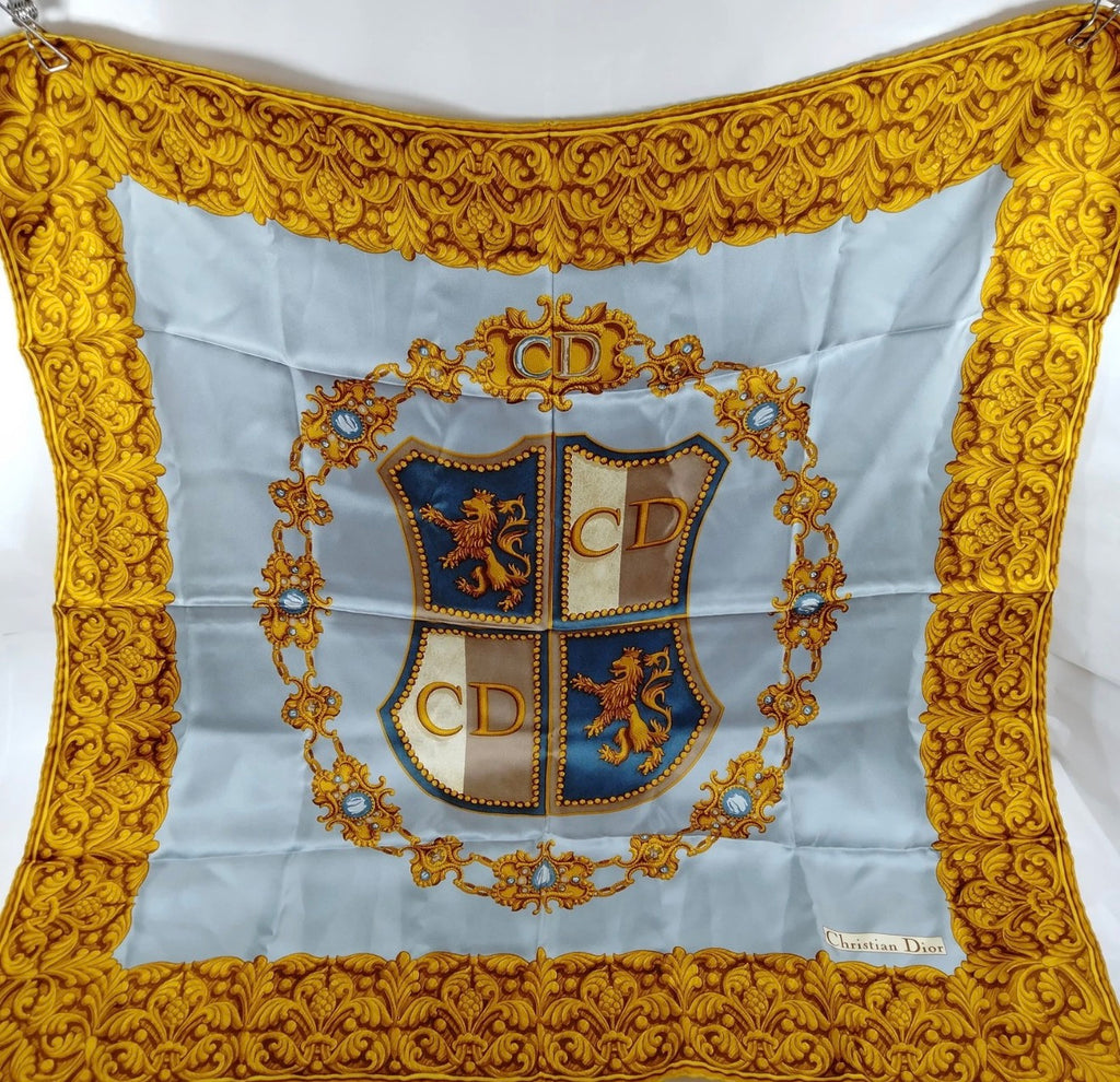 Christian Dior Heraldic Crest Silk Scarf | Blue, Gold & Ivory
