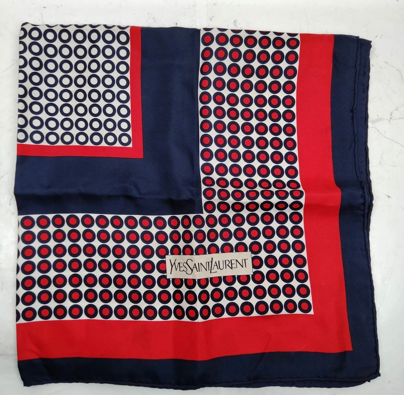 Yves Saint Laurent Silk Scarf – Navy, Red & White Geometric Print