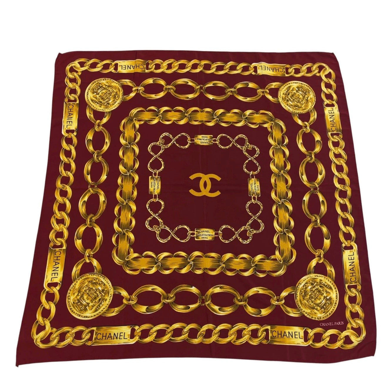 Chanel Chain & Medallion Silk Scarf – Burgundy & Gold