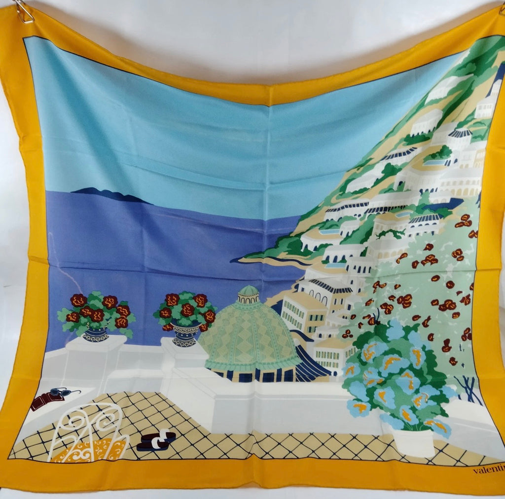 Valentino Vintage Silk Scarf | Italian Coastal Landscape Print