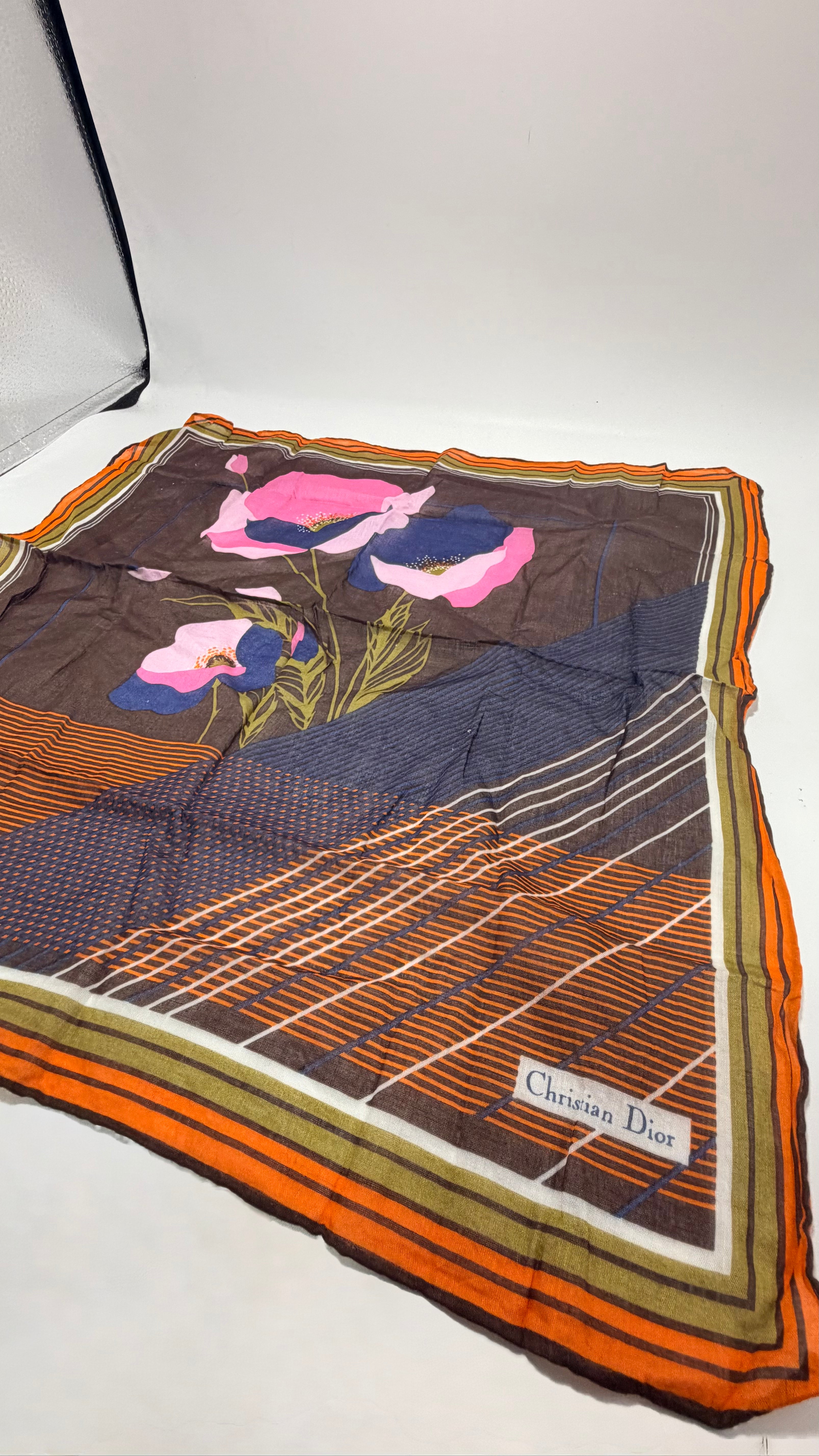 Christian Dior Floral Graphic Scarf – Brown with Orange Border