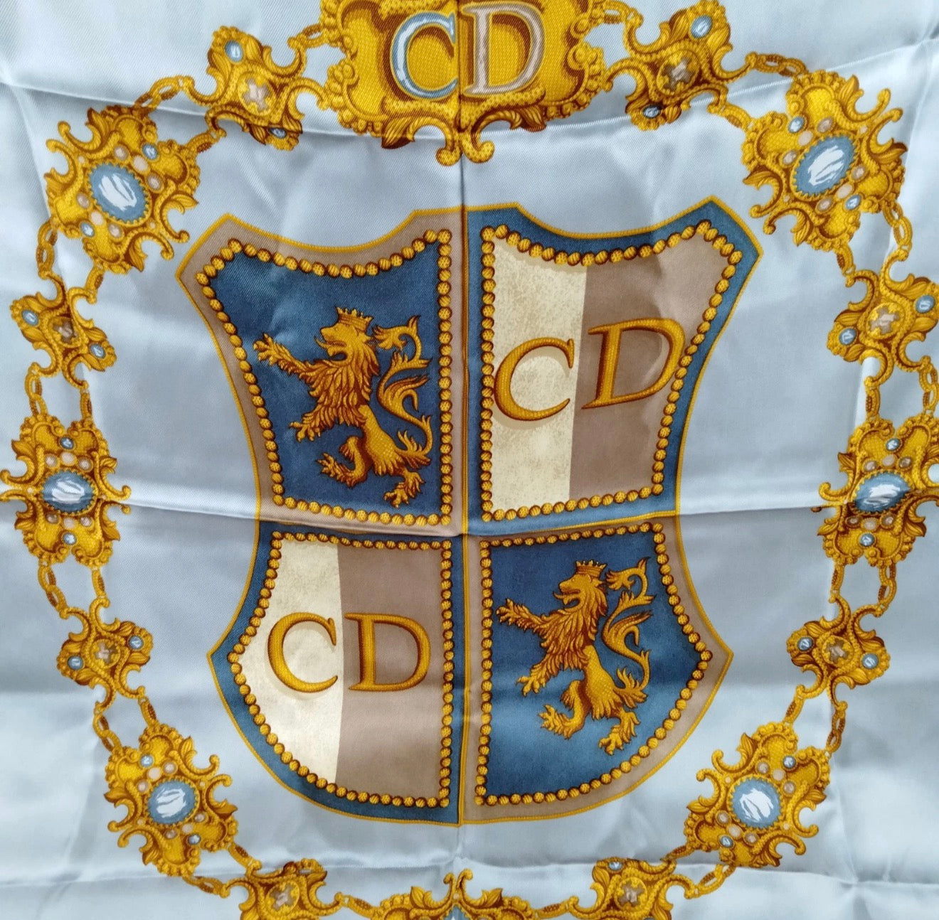 Christian Dior Heraldic Crest Silk Scarf | Blue, Gold & Ivory