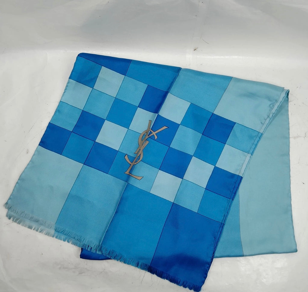 Yves Saint Laurent Silk Scarf – Blue Checkered Monogram