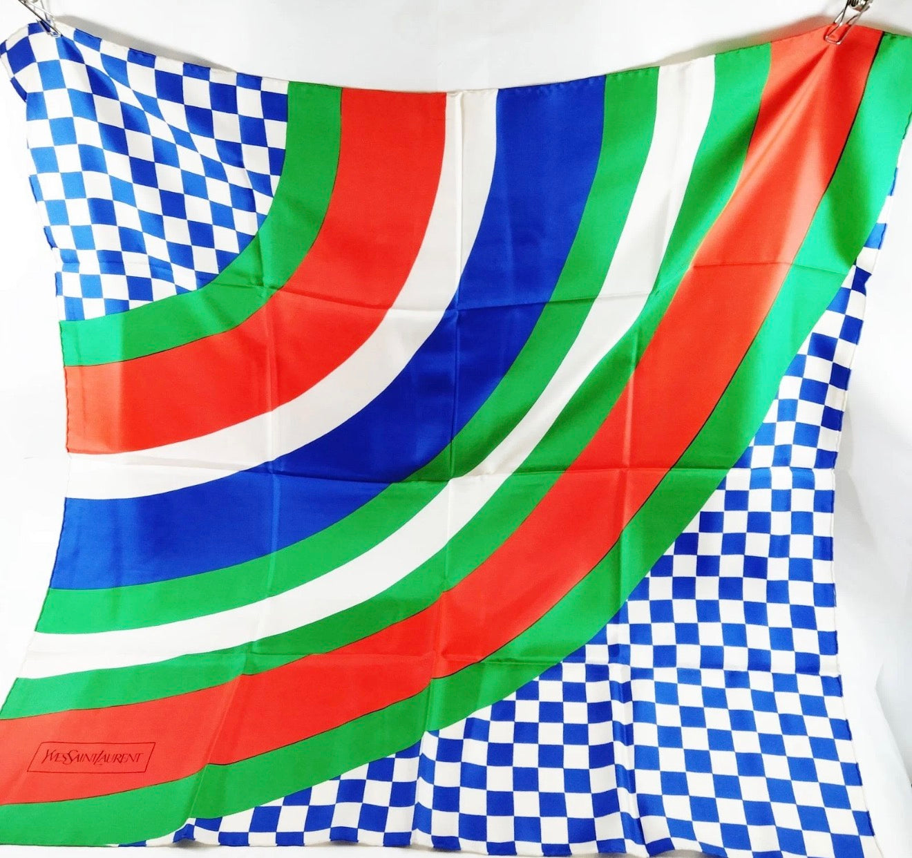 Yves Saint Laurent Silk Scarf – Bold Check & Stripe Print