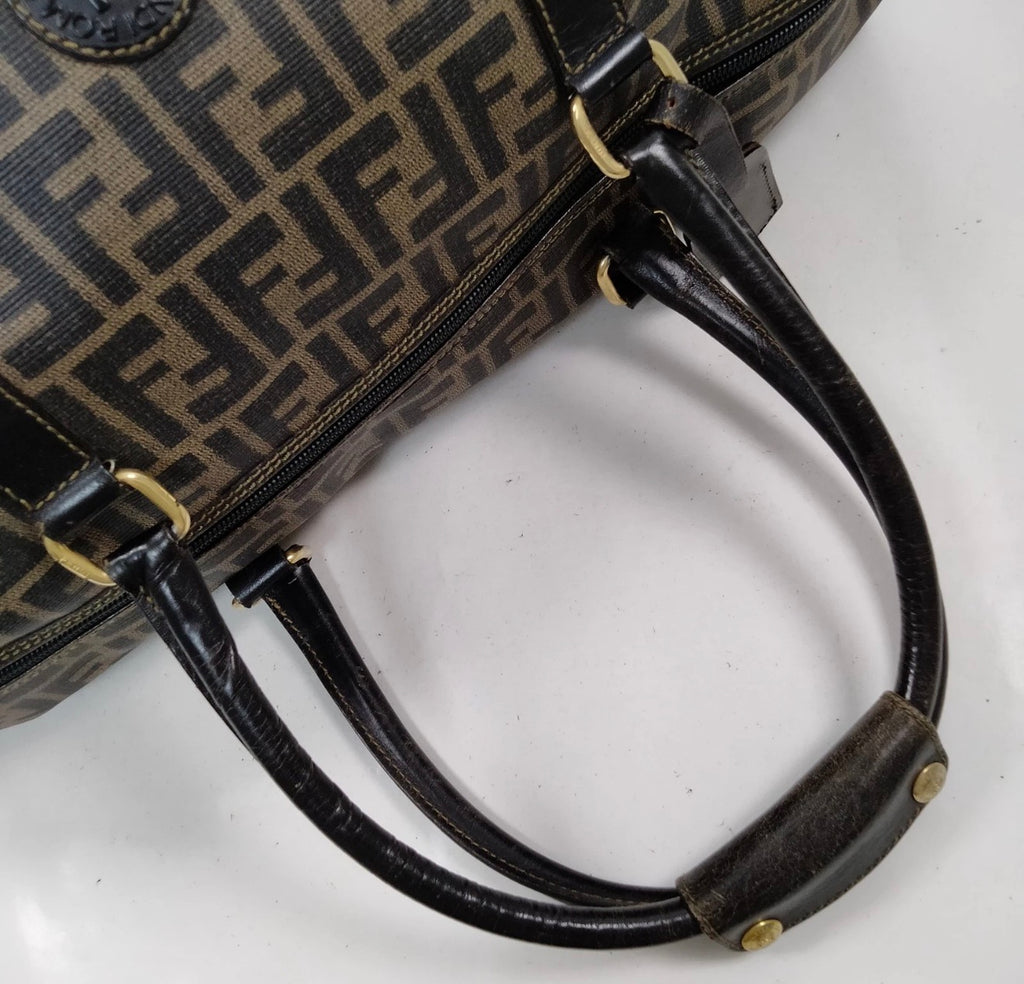 Fendi Vintage Zucca Boston Bag - Dark Brown Leather Trim