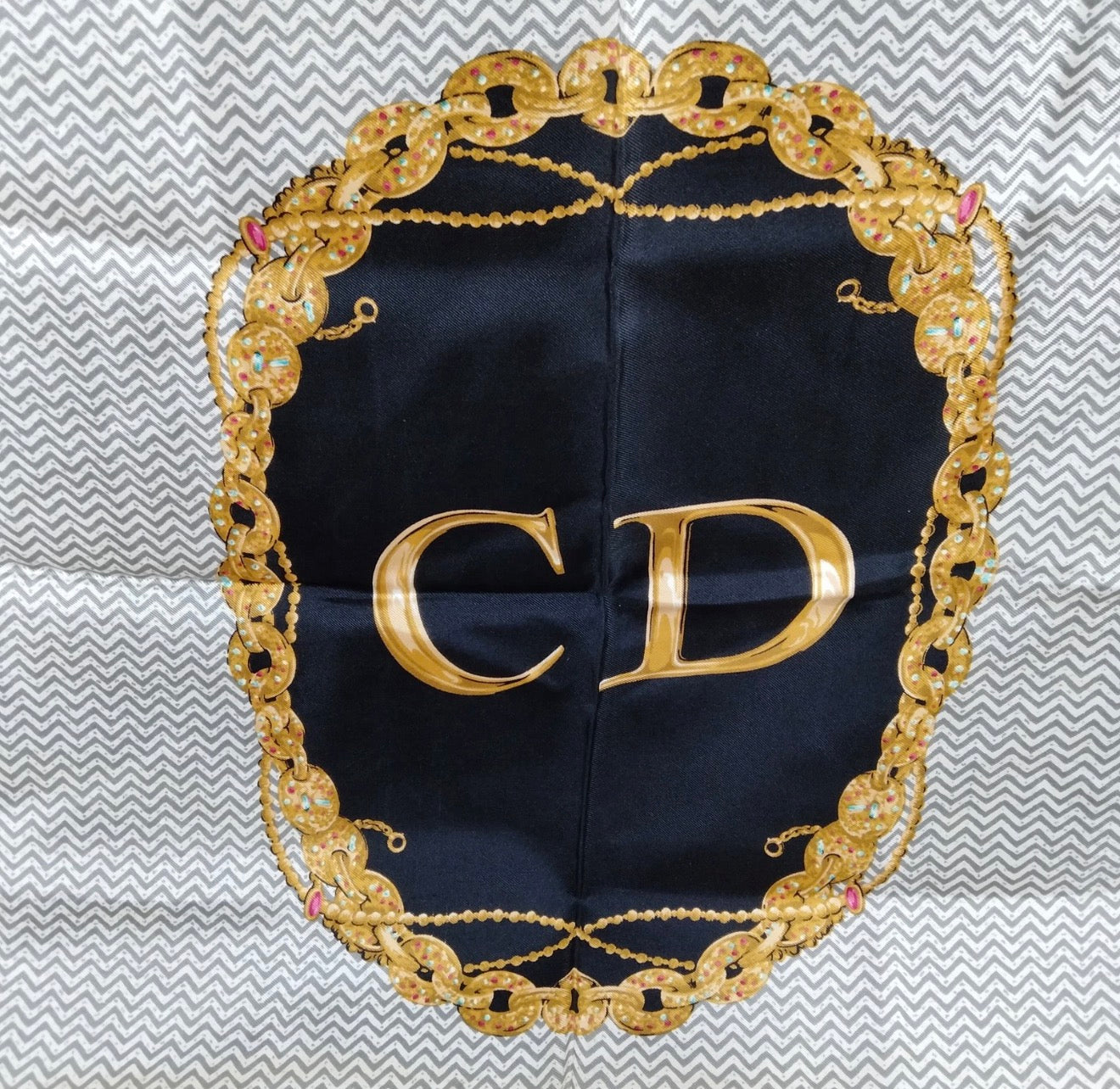 Christian Dior CD Chain Print Silk Scarf | Ivory, Black & Gold