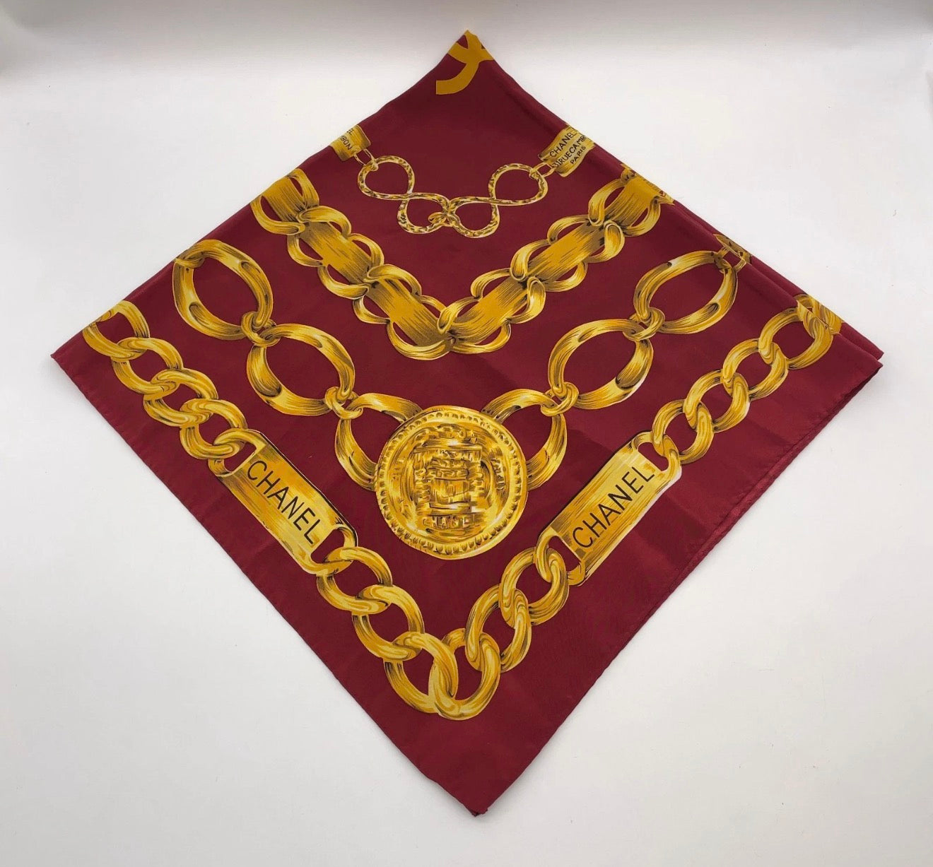 Chanel Chain & Medallion Silk Scarf – Burgundy & Gold