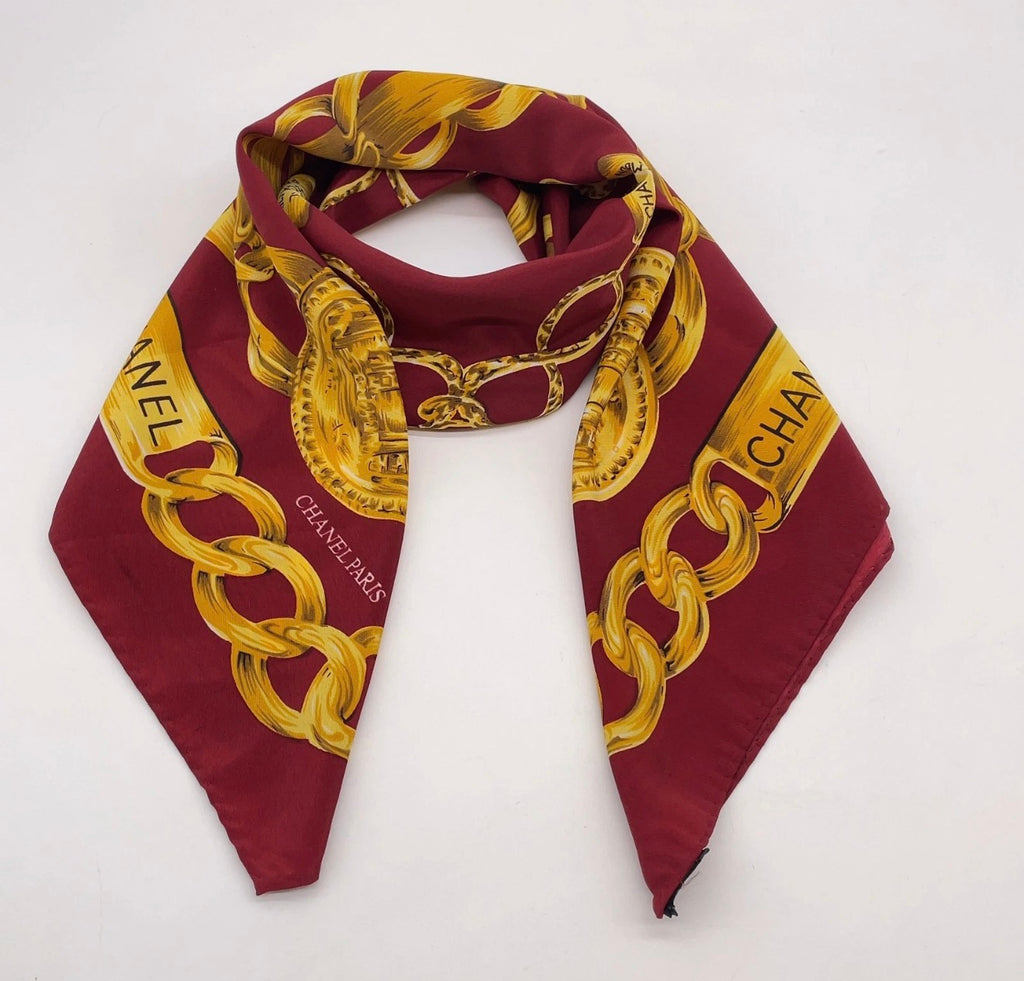 Chanel Chain & Medallion Silk Scarf – Burgundy & Gold