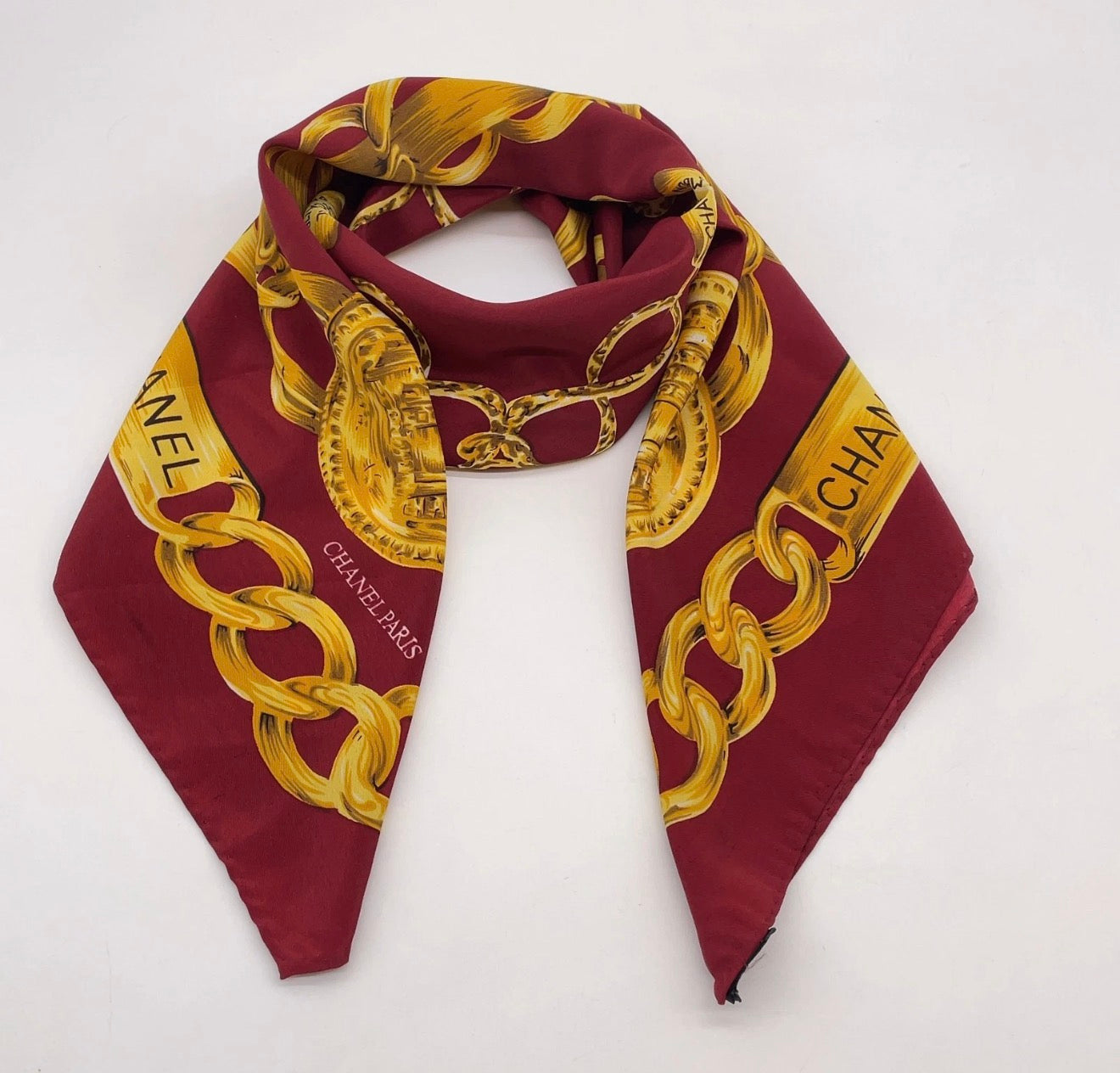 Chanel Chain & Medallion Silk Scarf – Burgundy & Gold