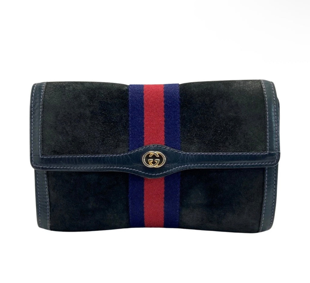 Gucci Suede Clutch with Web Stripe – Navy & Red