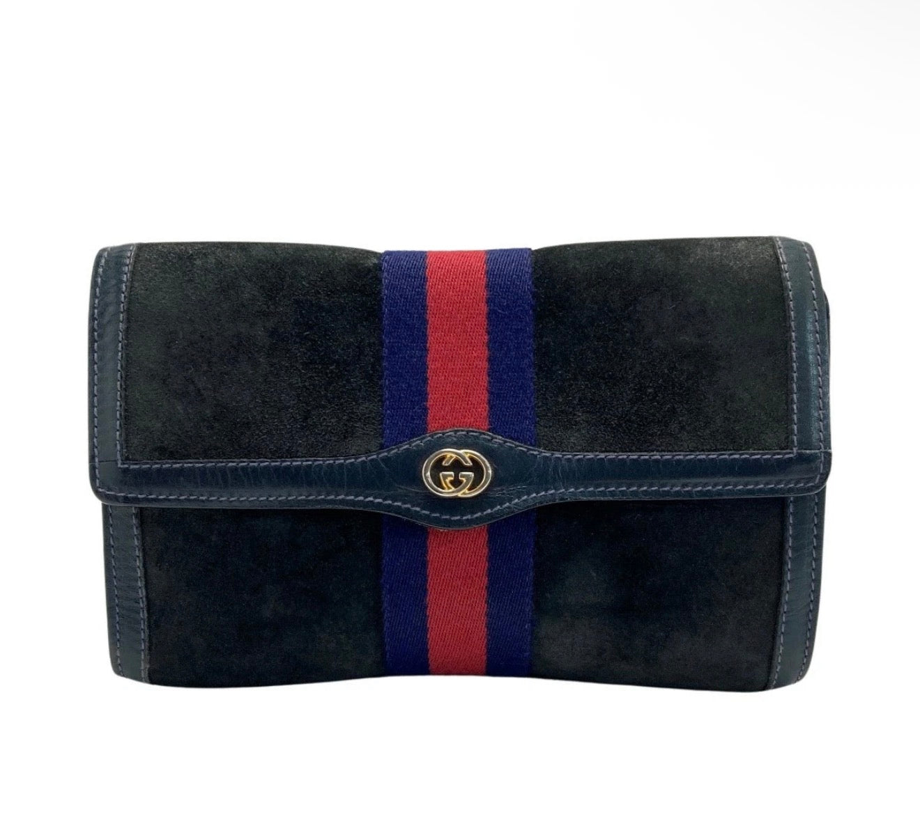 Gucci Suede Clutch with Web Stripe – Navy & Red