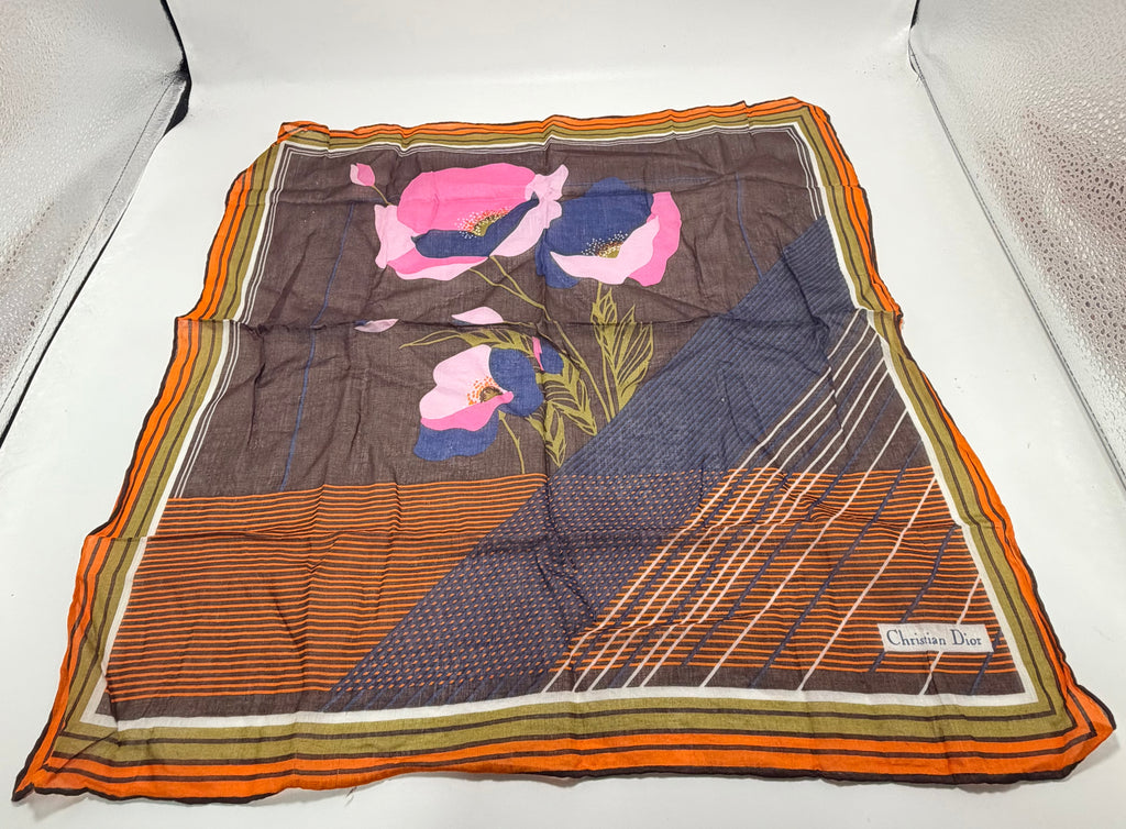 Christian Dior Floral Graphic Scarf – Brown with Orange Border