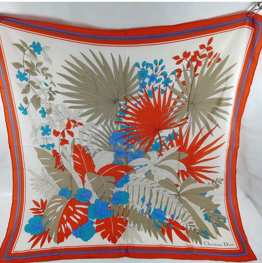 Christian Dior Tropical Botanical Silk Scarf | Coral, Blue & Ivory