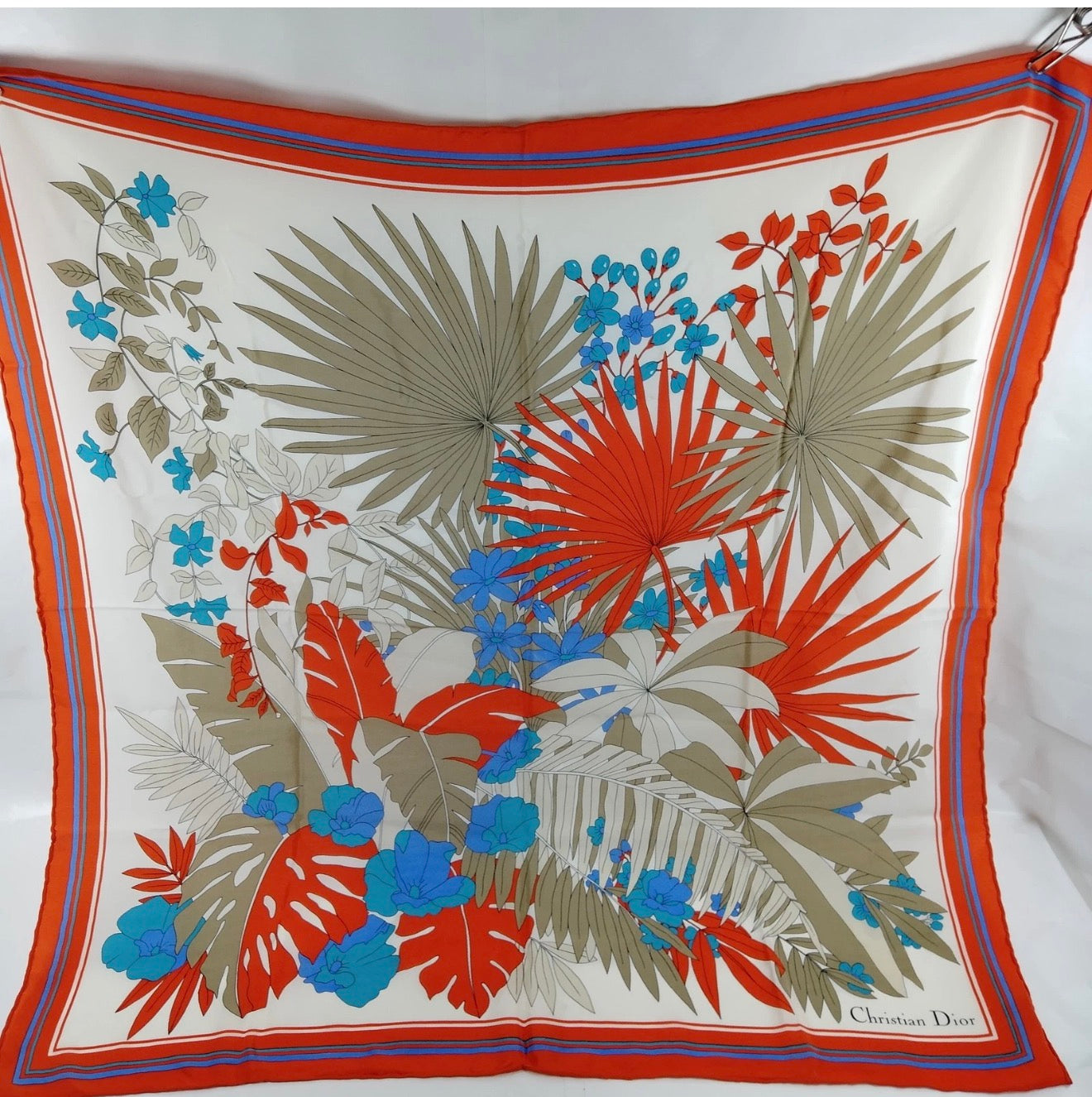 Christian Dior Tropical Botanical Silk Scarf | Coral, Blue & Ivory