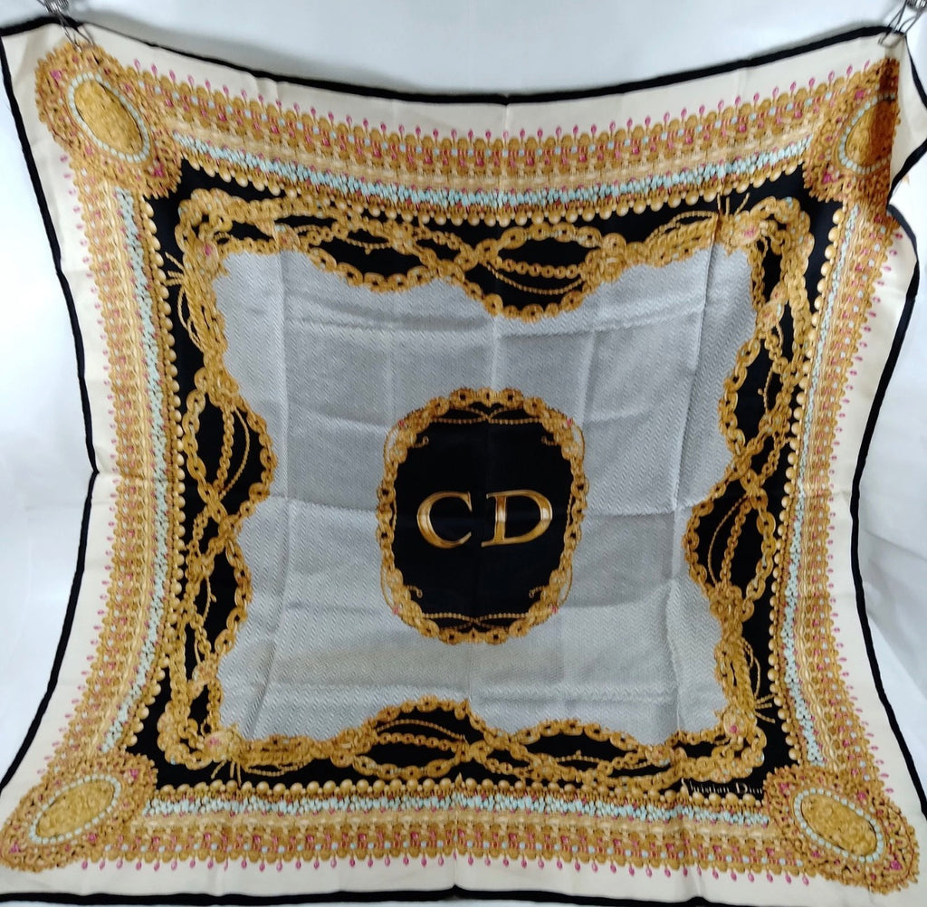 Christian Dior CD Chain Print Silk Scarf | Ivory, Black & Gold
