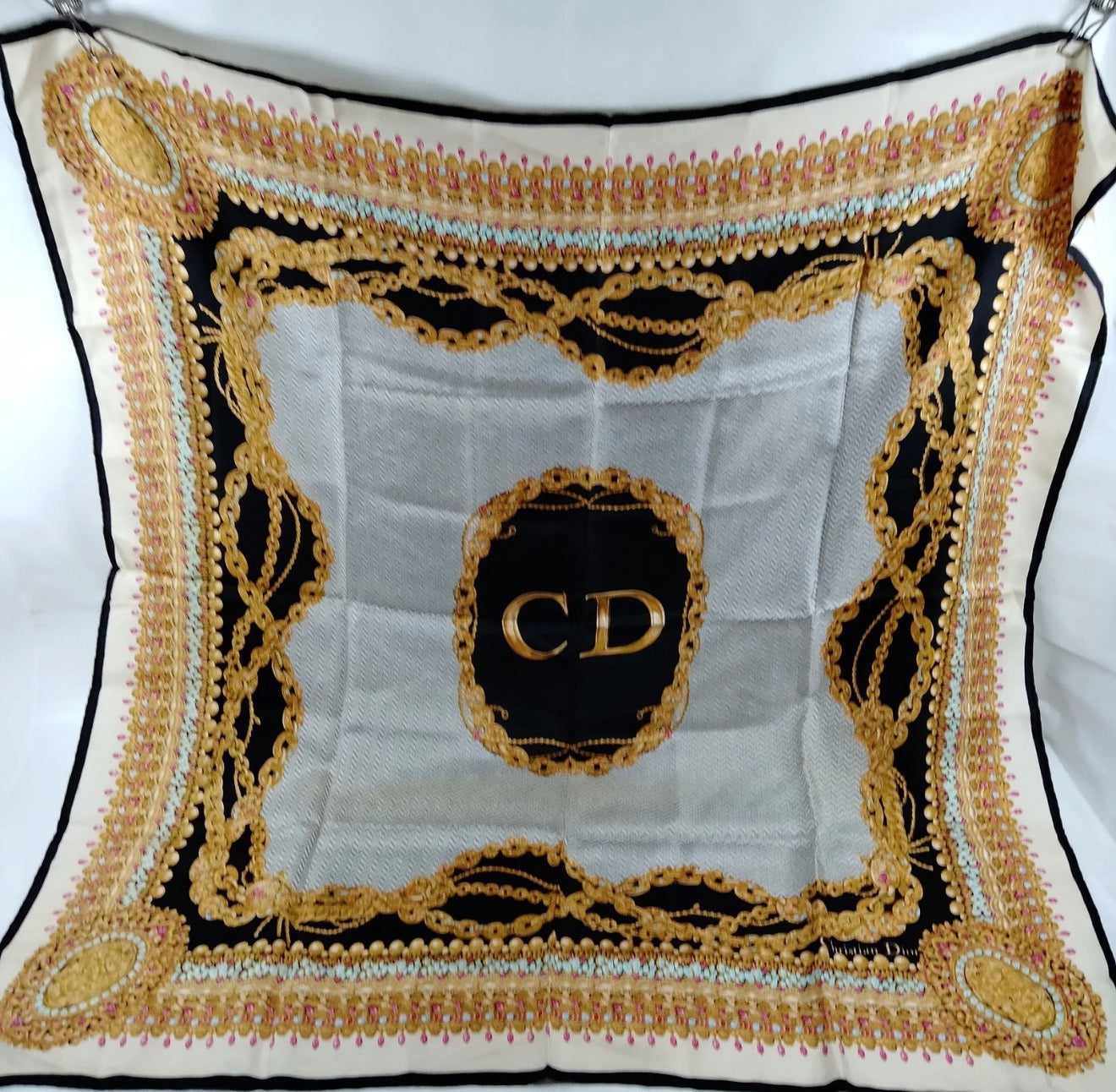 Christian Dior CD Chain Print Silk Scarf | Ivory, Black & Gold