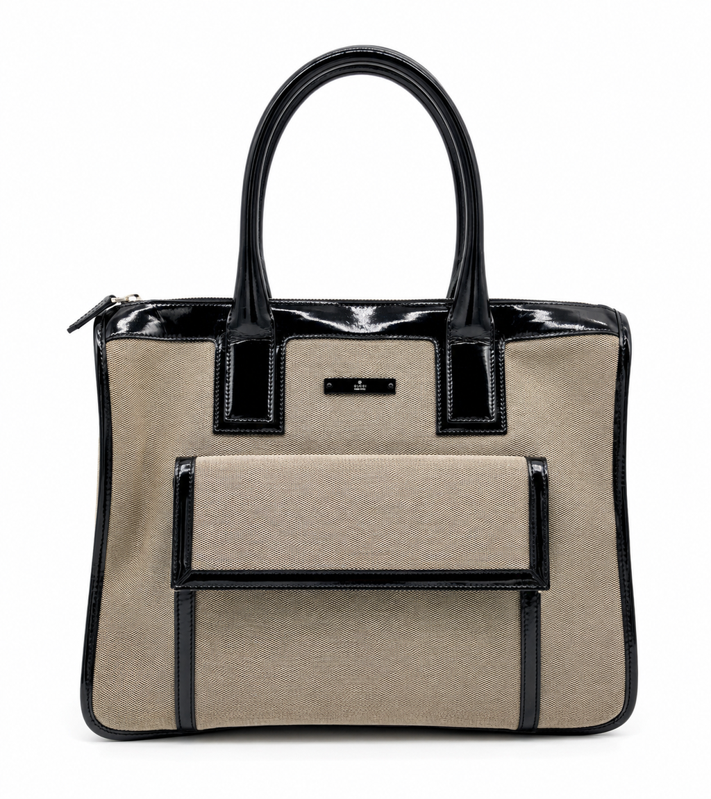 Gucci Canvas & Black Patent Leather Tote Bag