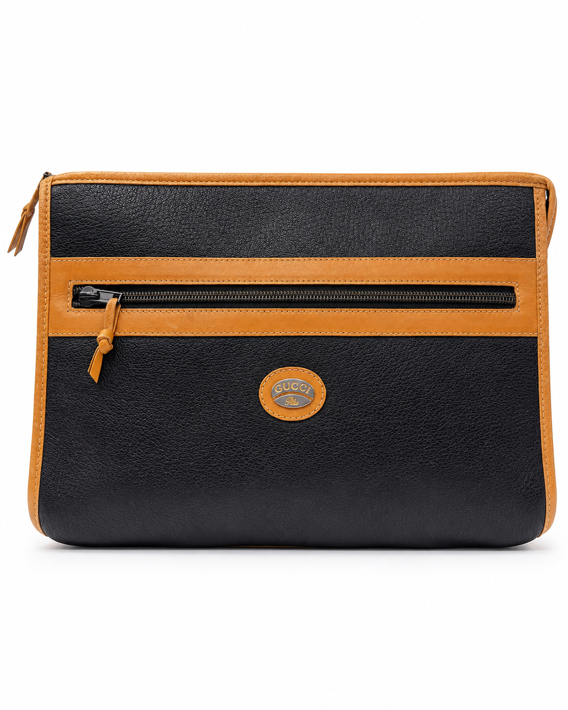 Gucci Black & Tan Leather Zip Clutch / Document Case