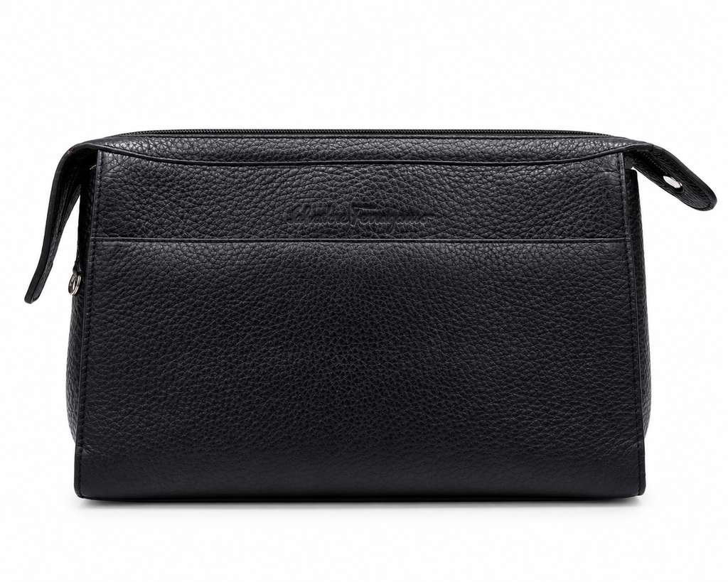 Salvatore Ferragamo Black Pebbled Leather Organizer Clutch