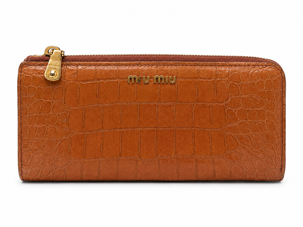 Miu Miu Pink Croc Embossed Zip Around Wallet