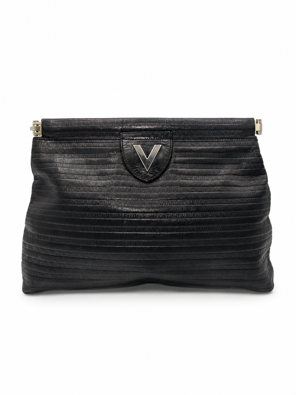 Mario Valentino Black Logo Embossed Clutch | Silver Hardware