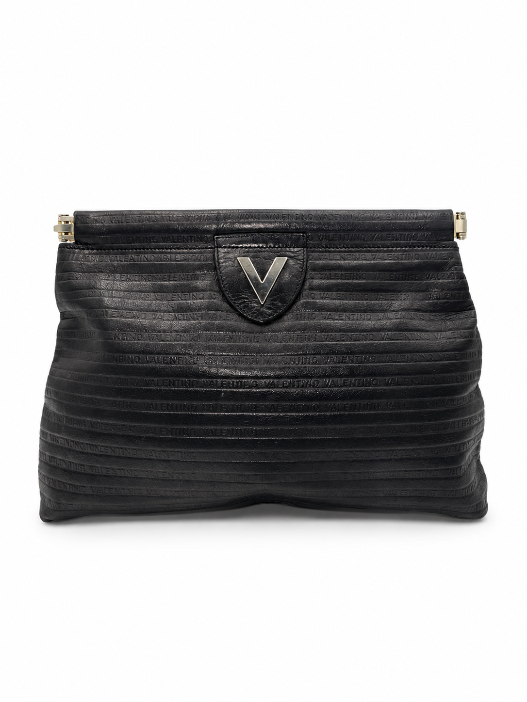 Mario Valentino Black Logo Embossed Clutch | Silver Hardware