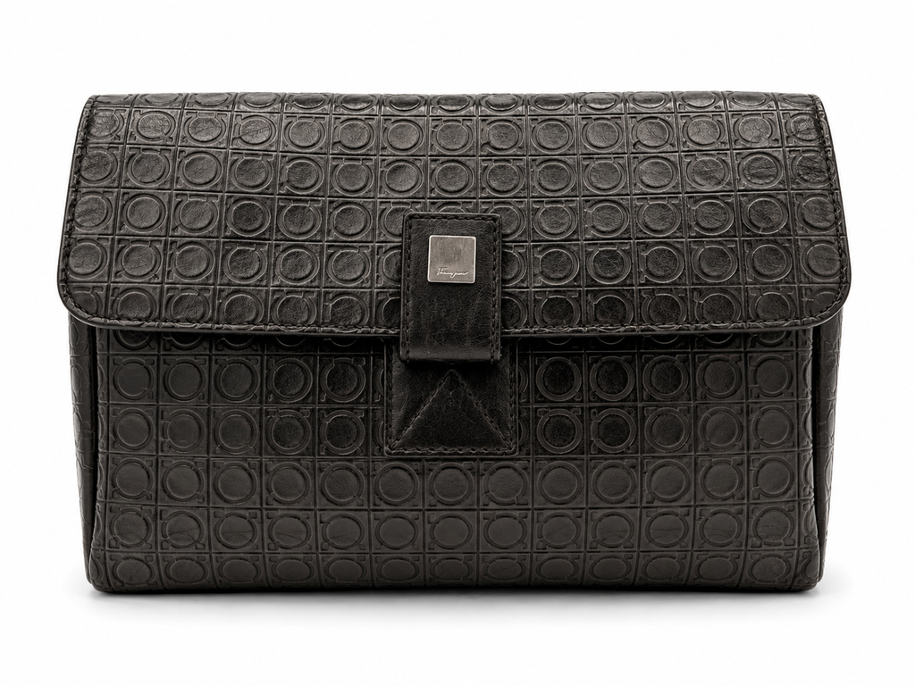 Salvatore Ferragamo Gancini Black Monogram Canvas Wristlet Clutch