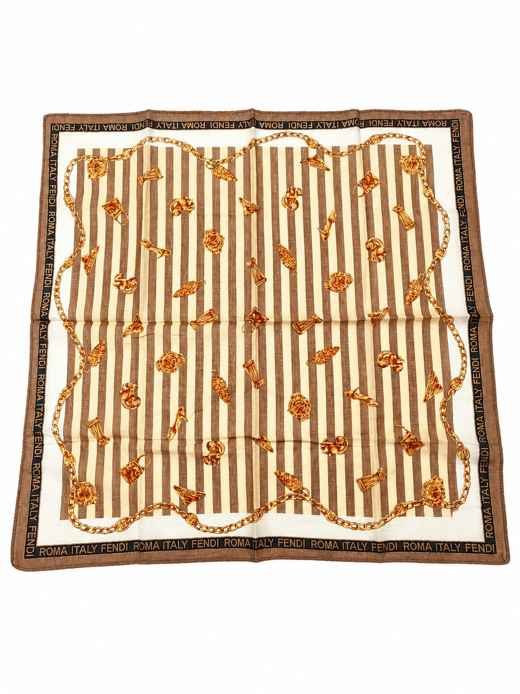 Fendi Roma Italy Striped Chain Motif Scarf – Brown & Cream