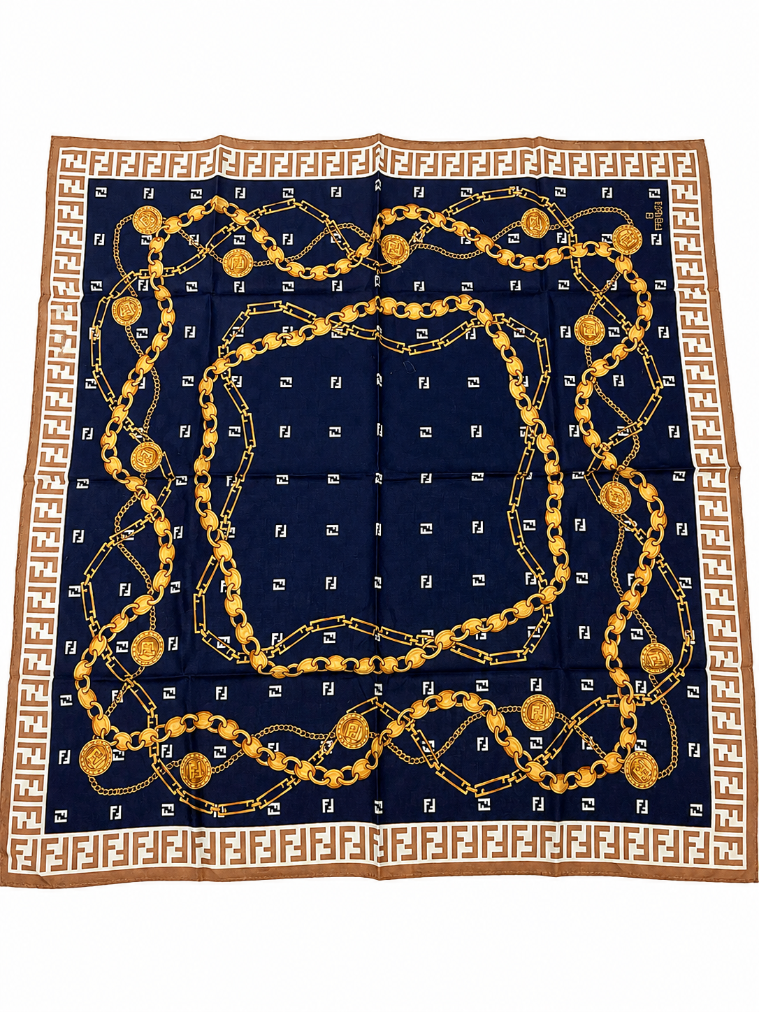 Fendi FF Monogram Chain Print Scarf – Navy & Brown
