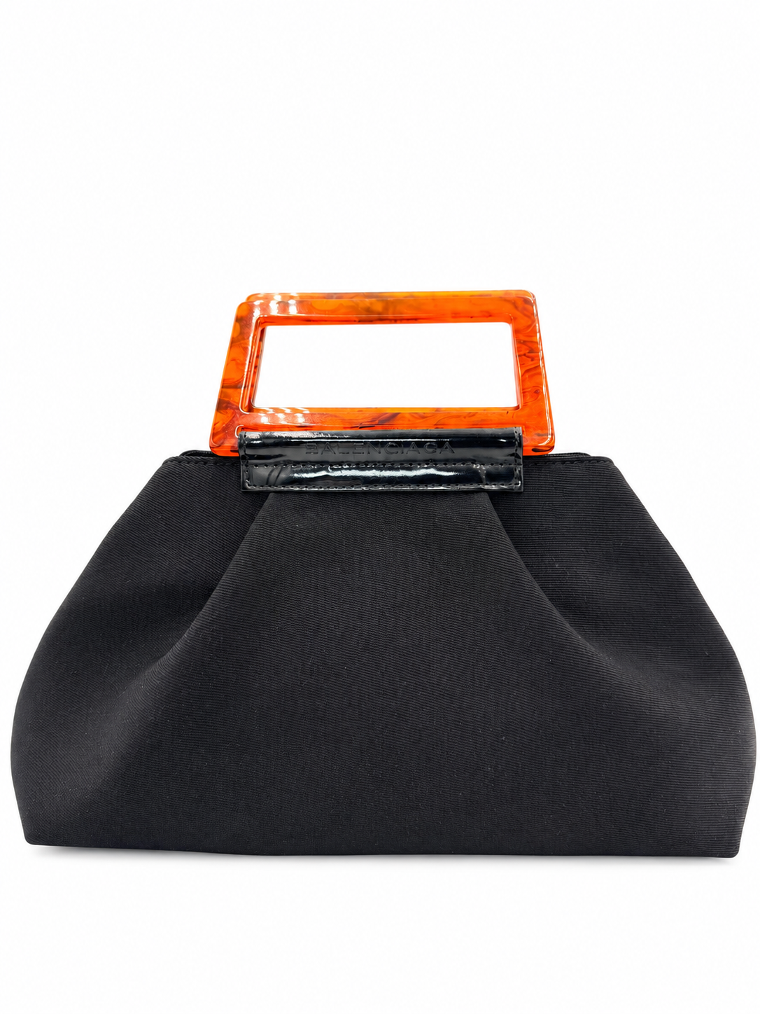 Balenciaga Black Pleated Handbag with Orange Lucite Handle