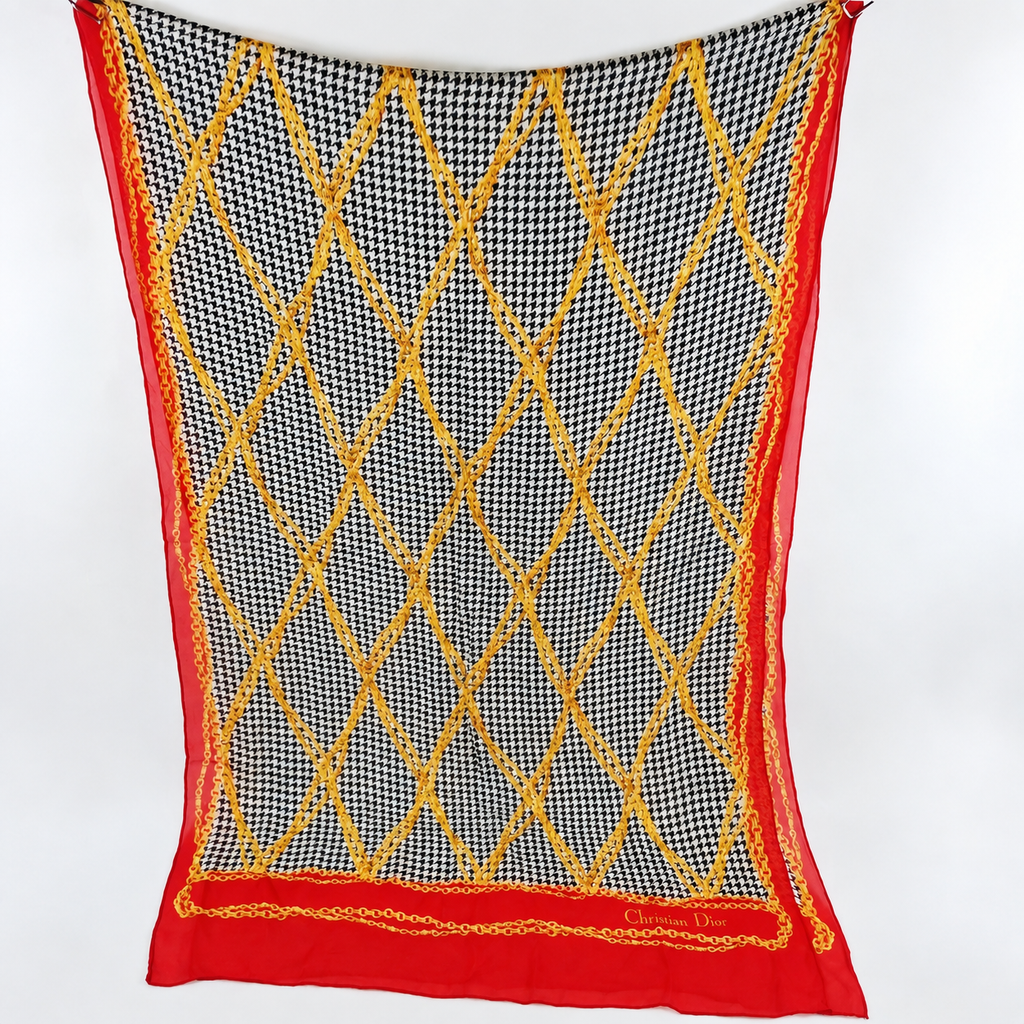 Christian Dior Houndstooth & Chain Print Silk Scarf – Red, Black & Gold