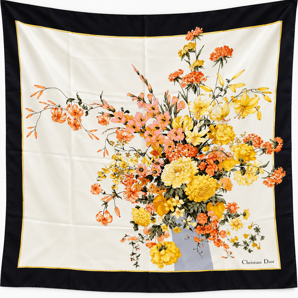 Christian Dior Floral Silk Scarf – Ivory, Black, Yellow & Orange