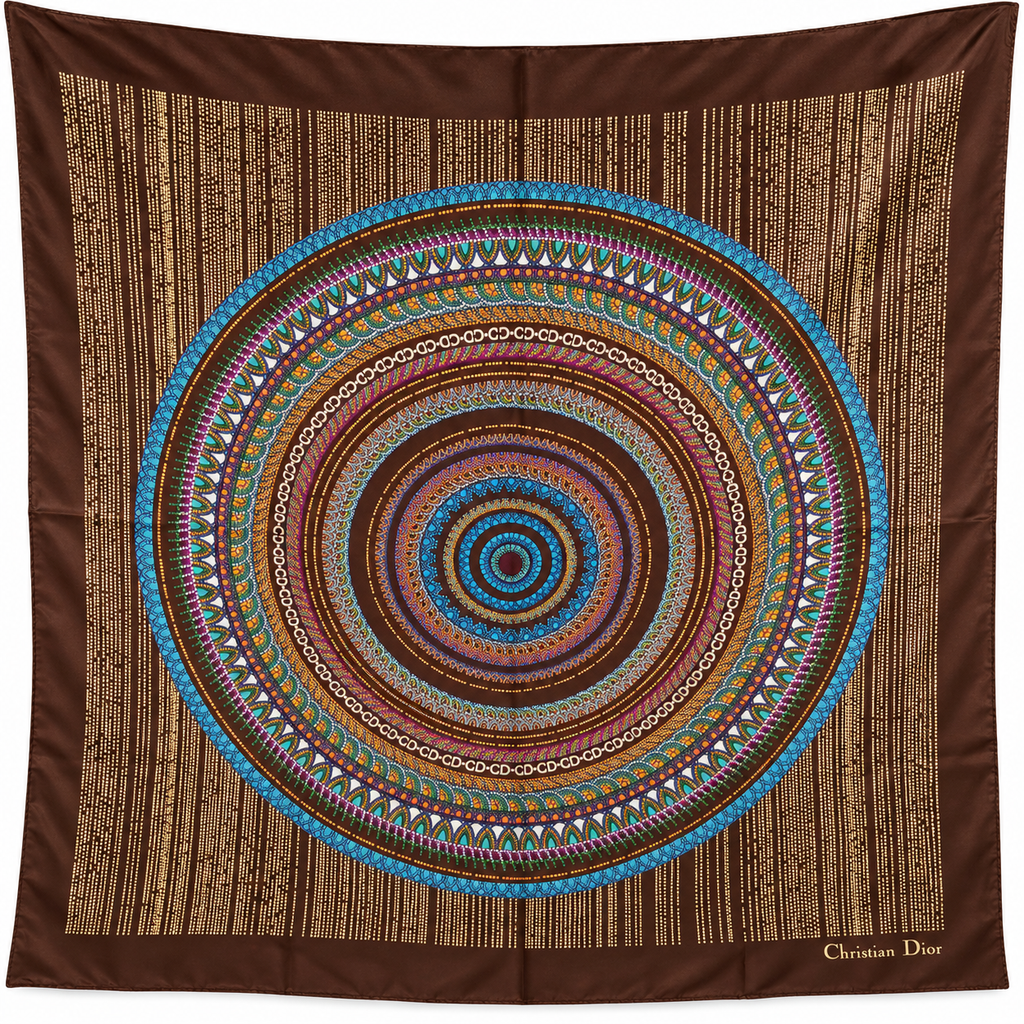 Christian Dior Silk Scarf – Brown Multicolor Geometric CD Print