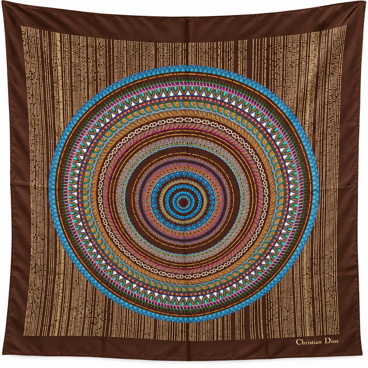 Christian Dior Silk Scarf – Brown Multicolor Geometric CD Print