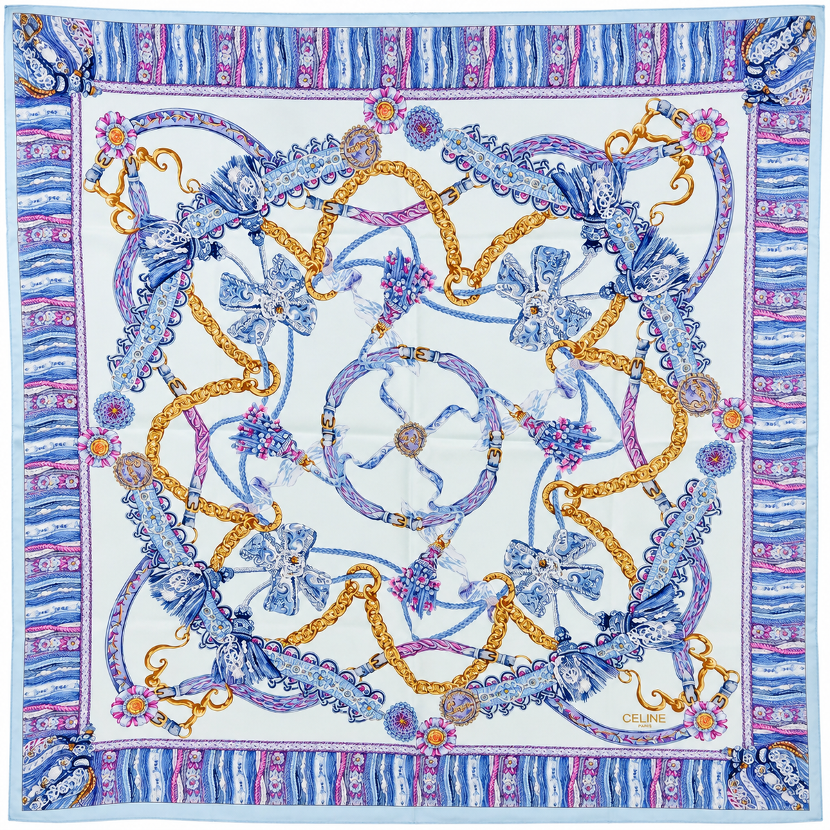 Celine Paris Silk Scarf – Pastel Chain & Tassel Print