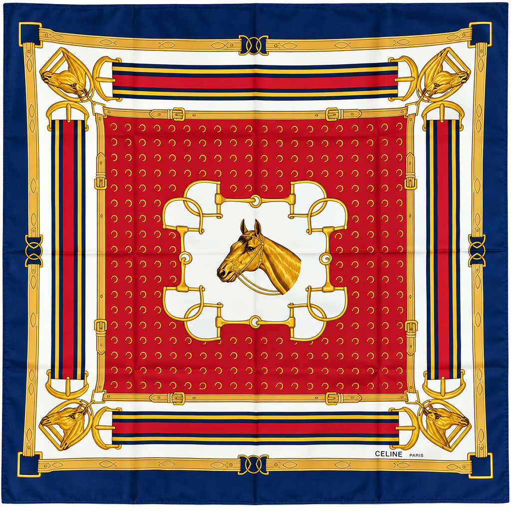Celine Equestrian Horse Silk Scarf – Navy, Red & Gold