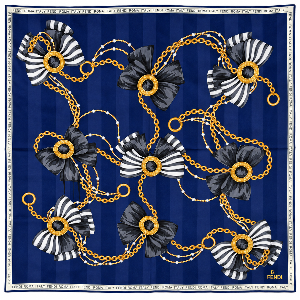 Fendi Roma Vintage Bow & Chain Scarf – Navy, Black & Gold