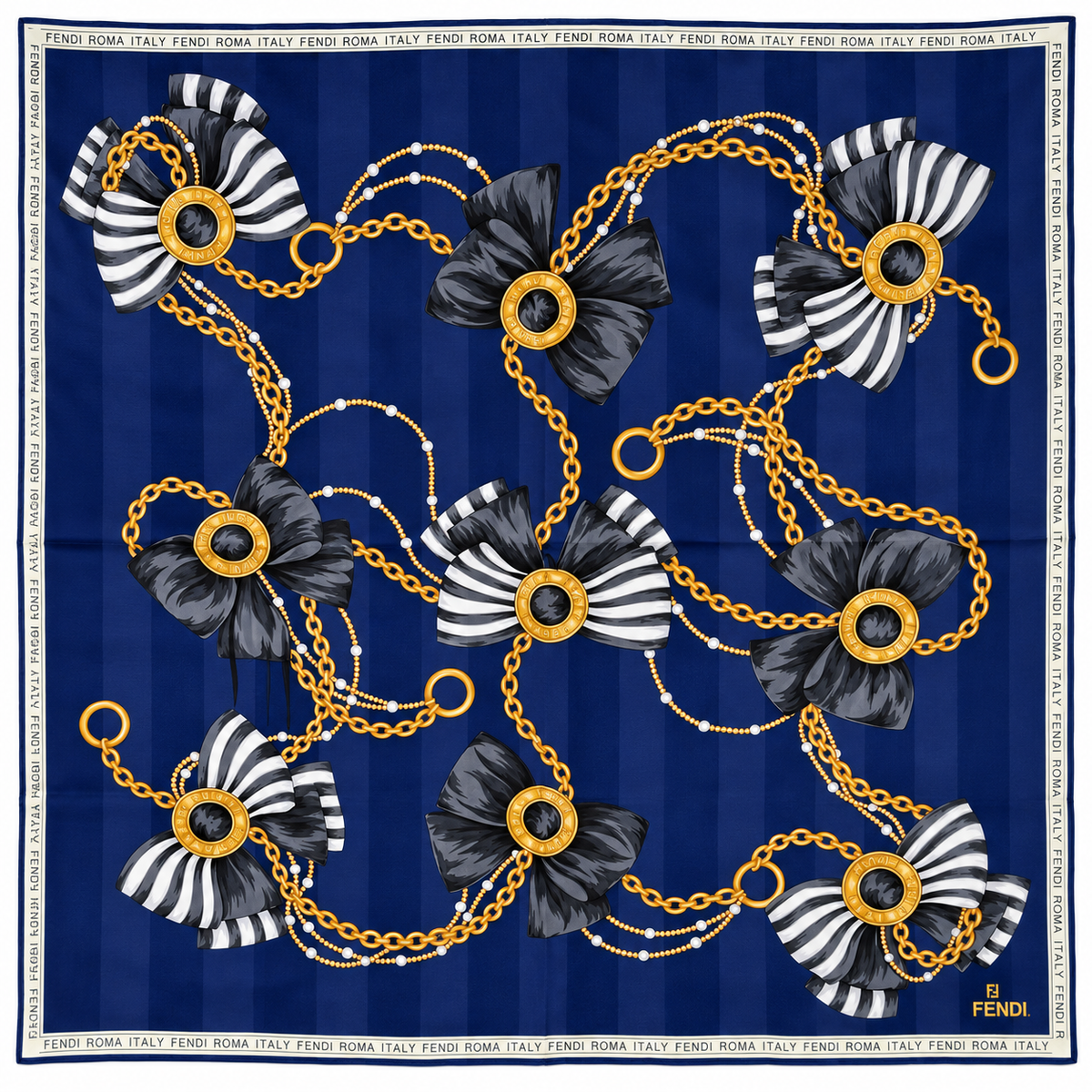 Fendi Roma Vintage Bow & Chain Scarf – Navy, Black & Gold