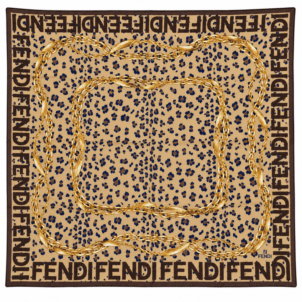 Fendi Leopard & Chain Silk Scarf – Brown
