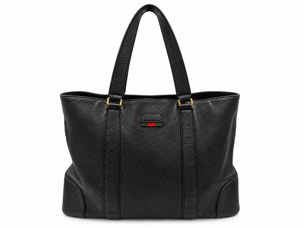Gucci Black Leather Web Stripe Tote Bag