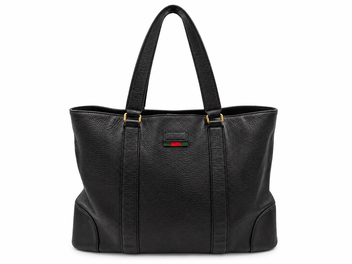 Gucci Black Leather Web Stripe Tote Bag