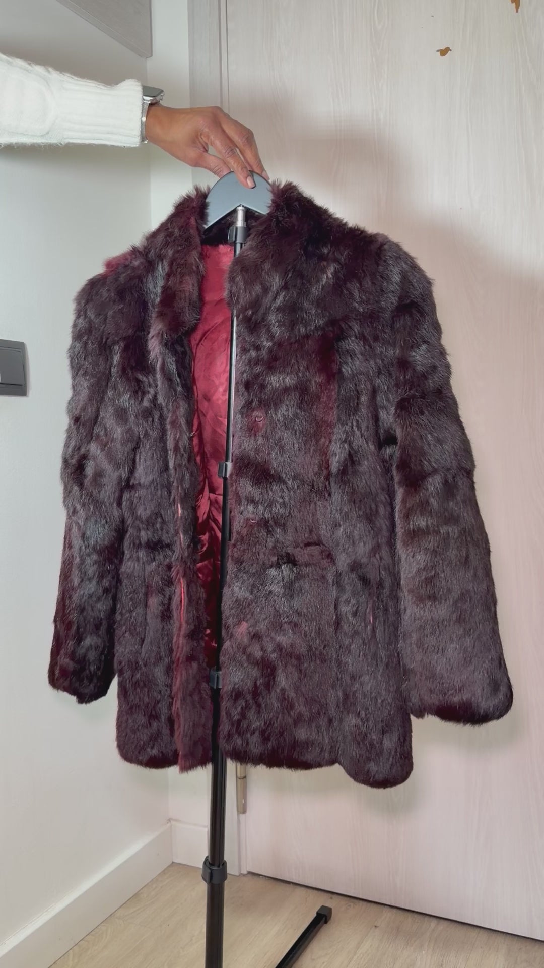 Vintage Sheared Rabbit Fur Coat – Deep Burgundy (Small)