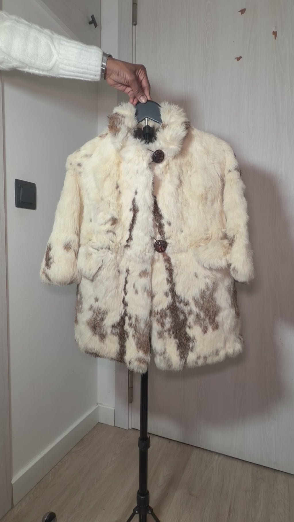 Vintage Spotted Rabbit Fur Coat – Natural Piebald Pattern - XS