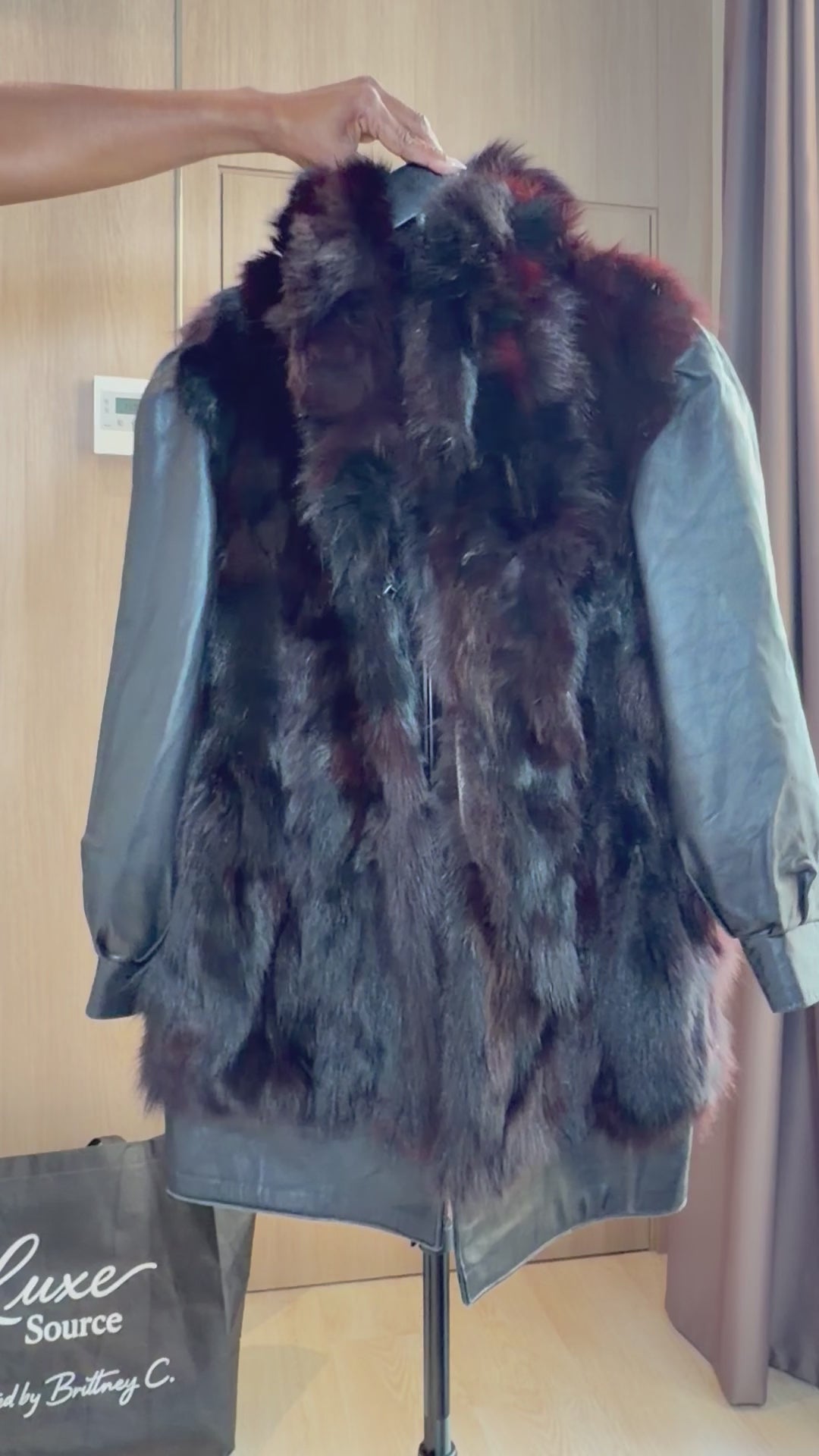 Vintage Burgundy Fox Fur & Leather Coat- L- 006