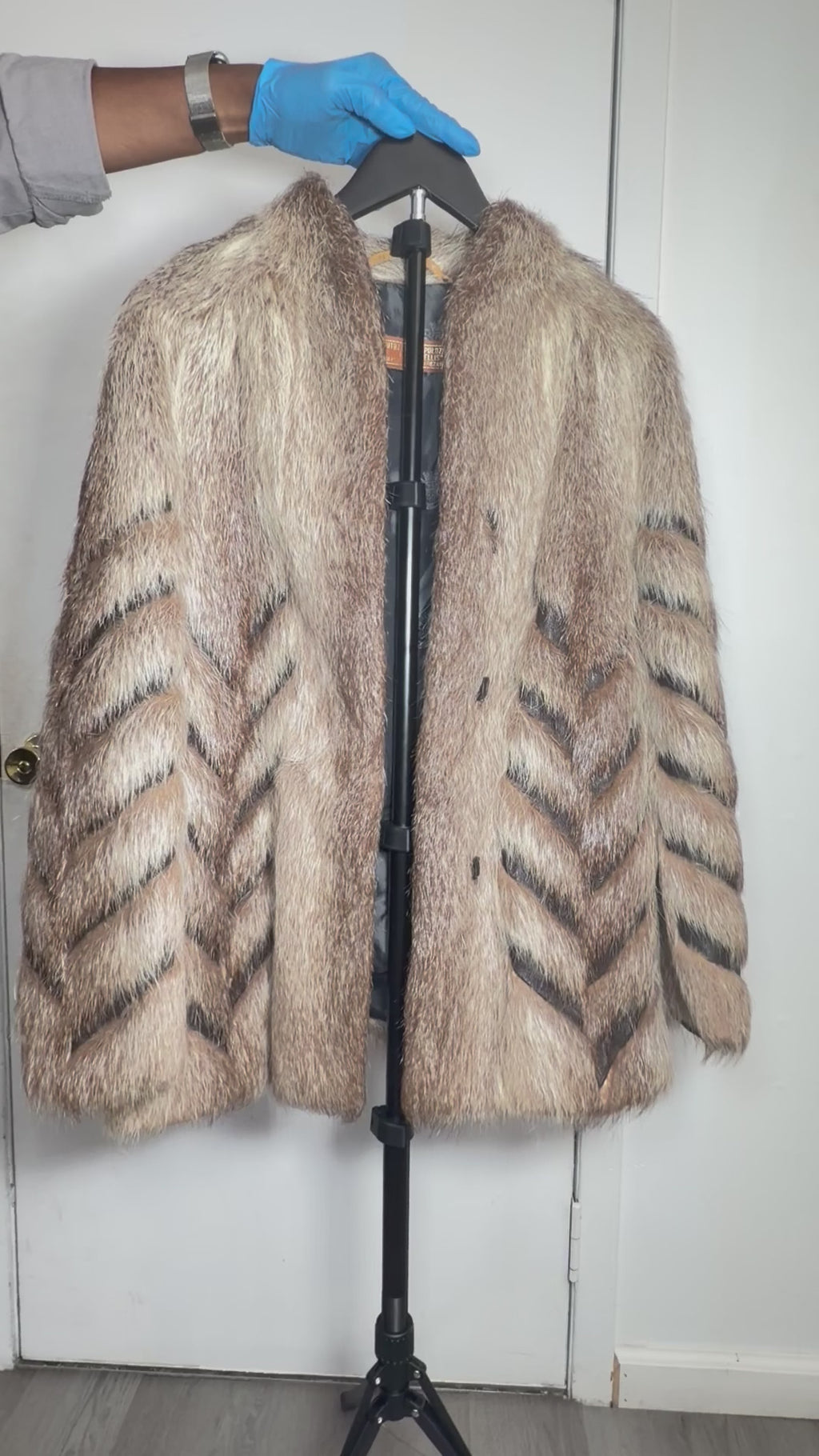 Vintage Beaver Fur Coat with Leather Chevron Design – Medium 035
